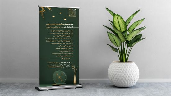 "استند نمایشگاهی کلینیک زیبایی با طراحی حرفه‌ای و رنگ‌های برند ترکیبی چشم‌گیر"